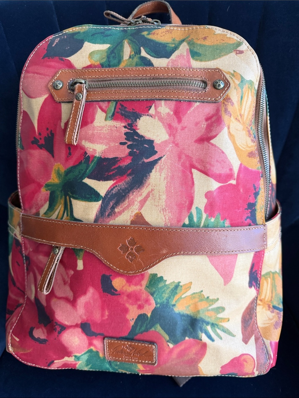 Patricia Nash Floral Backpack with Brown Leather Trim GUC